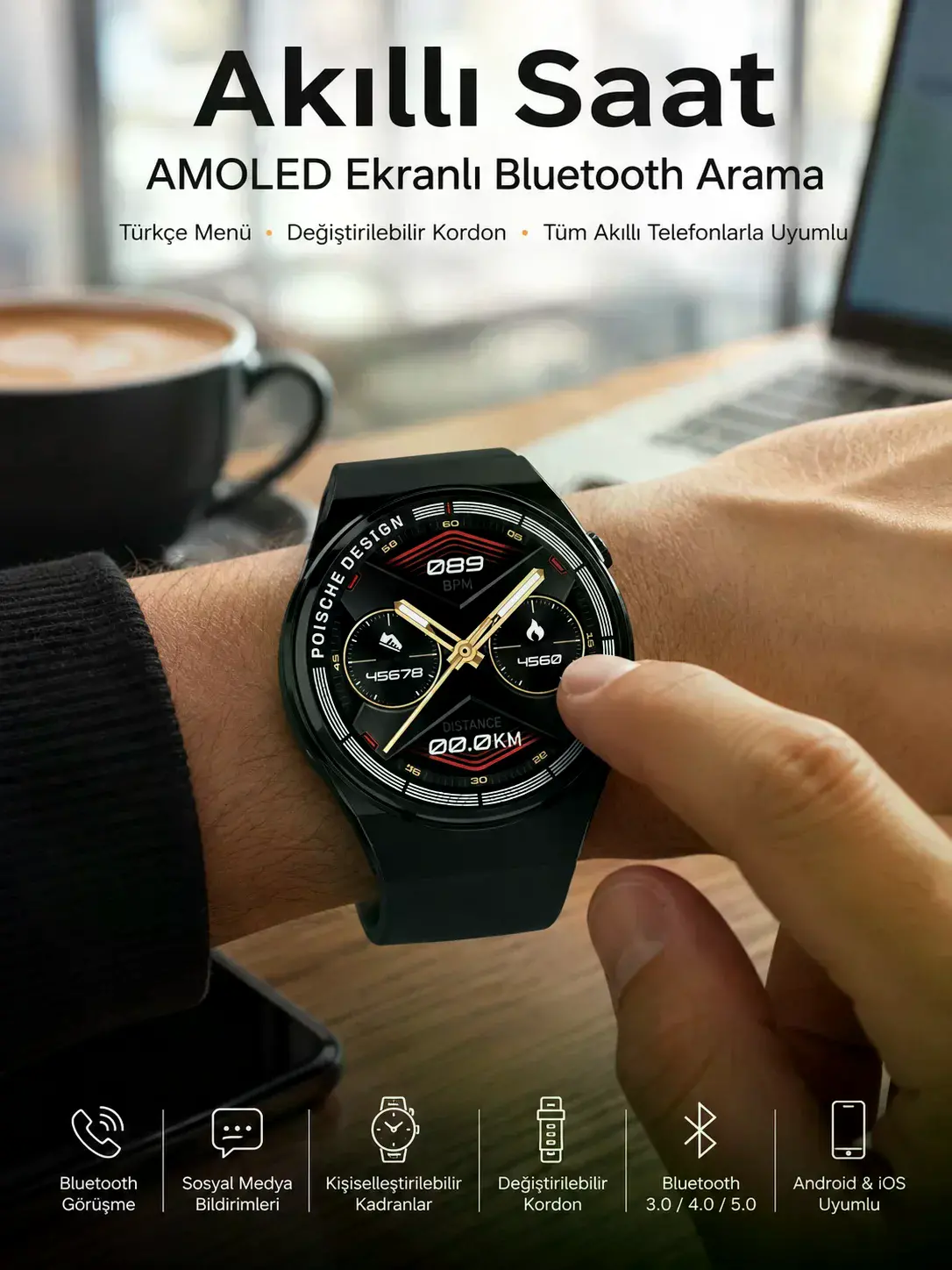 Bluetooth Bağlantılı Akıllı Saat Tüm Telefonlara Uyumlu Değiştirilebilir Kordon