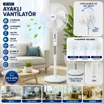 Beyaz 5 Pervane - 16 Inc Ev - Ofis Kompakt - Sessiz - Üç Kademe 140CM Yükseklik Ayaklı Vantilatör SF-1
