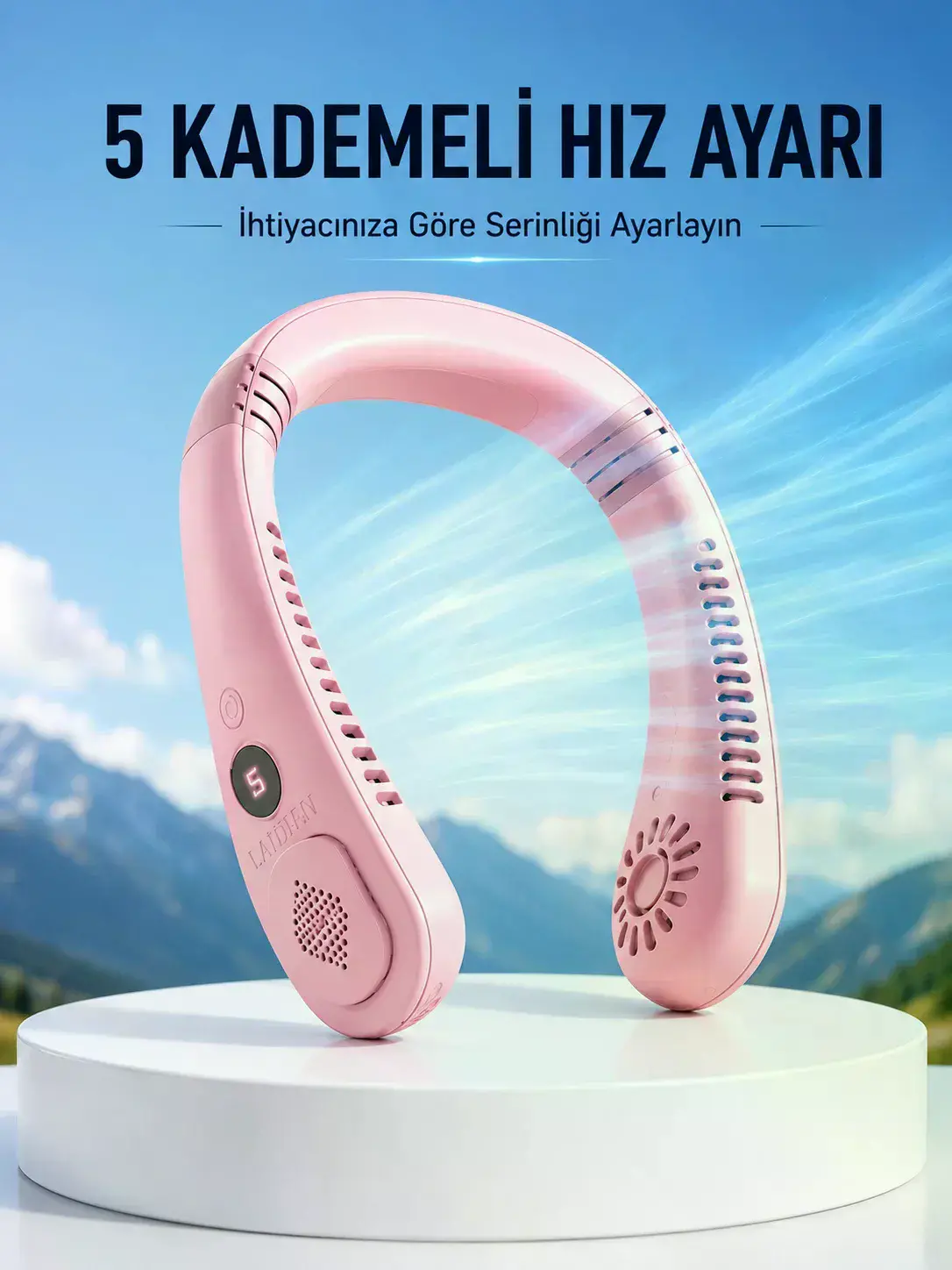 Pembe Taşınabilir Boyun Fanı Ergonok Tasarım Çok Kademeli Hava Akışı