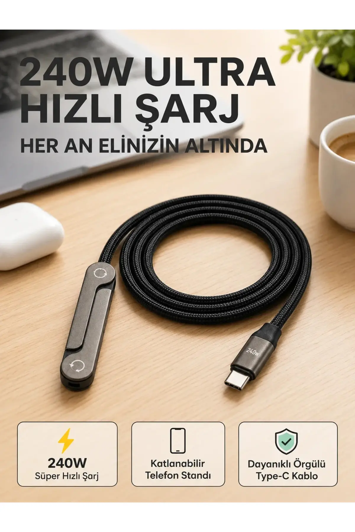 Örgülü 240W Type-C Katlanabilir Telefon Standlı Şarj Kablosu