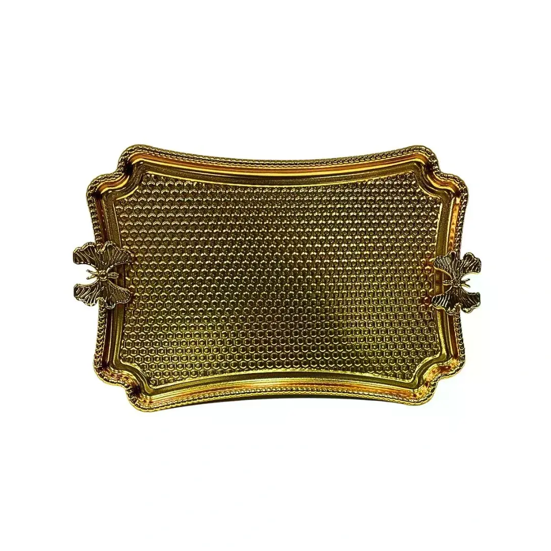 Kelebekli Metal Gold Küçük Dikdörtgen Tepsi