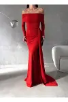 Kadın Zarif Stil Degaje Yaka Uzun Kol Balık Kesim Abiye Elbise-2