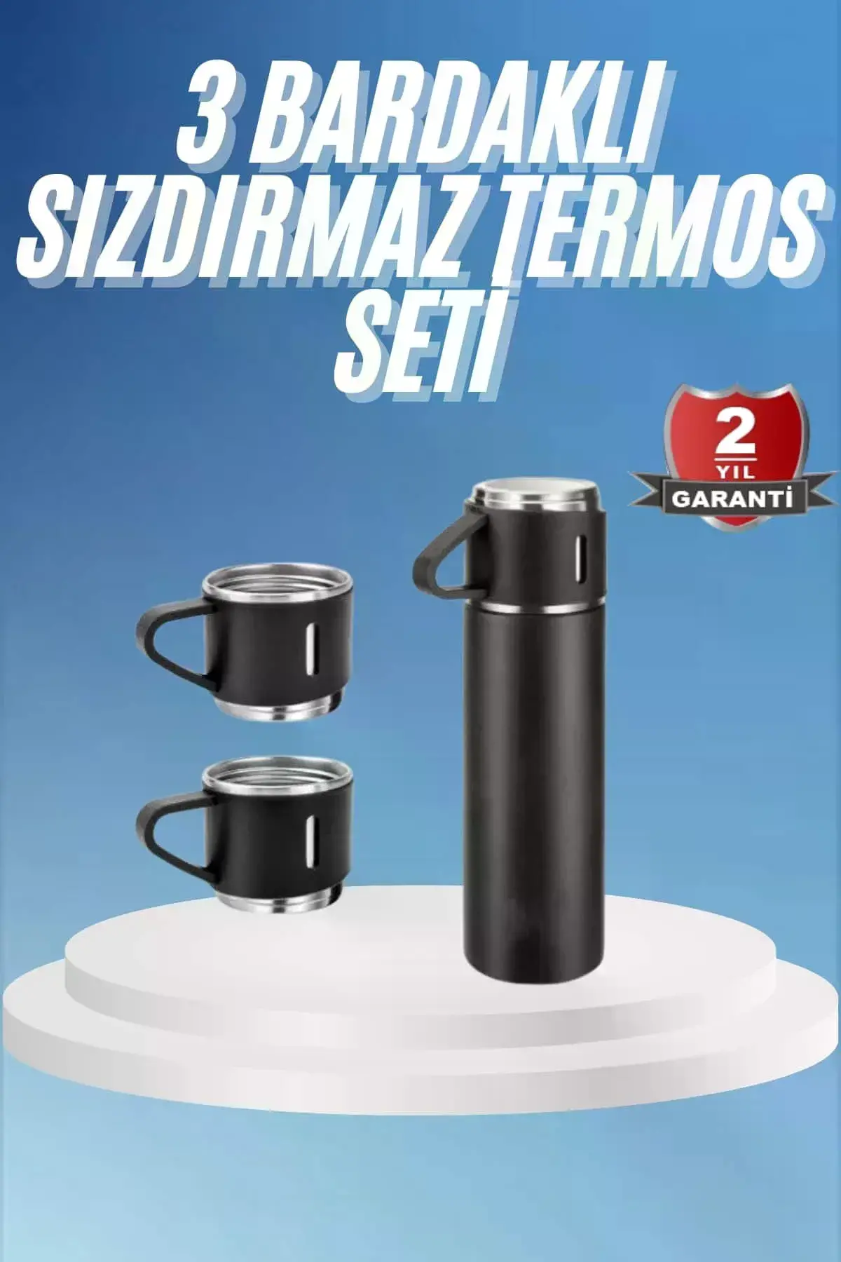 Termos Paslanmaz Çelik Termos Siyah Renk 3 Bardaklı Termos Seti