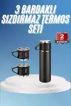 Termos Paslanmaz Çelik Termos Siyah Renk 3 Bardaklı Termos Seti-1