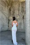 Kadın Trend Tasarım Kadife Kumaş V Yaka Payetli Askılı Abiye Elbise-8