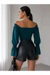 Kadın El Emeği Kayık Yaka Büzgülü/Fırfırlı Kol Crop Bluz-3