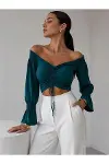 Kadın El Emeği Kayık Yaka Büzgülü/Fırfırlı Kol Crop Bluz-1