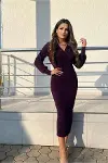 Kadın Krep Kumaş Kruvaze Yaka Midi Abiye Elbise-2