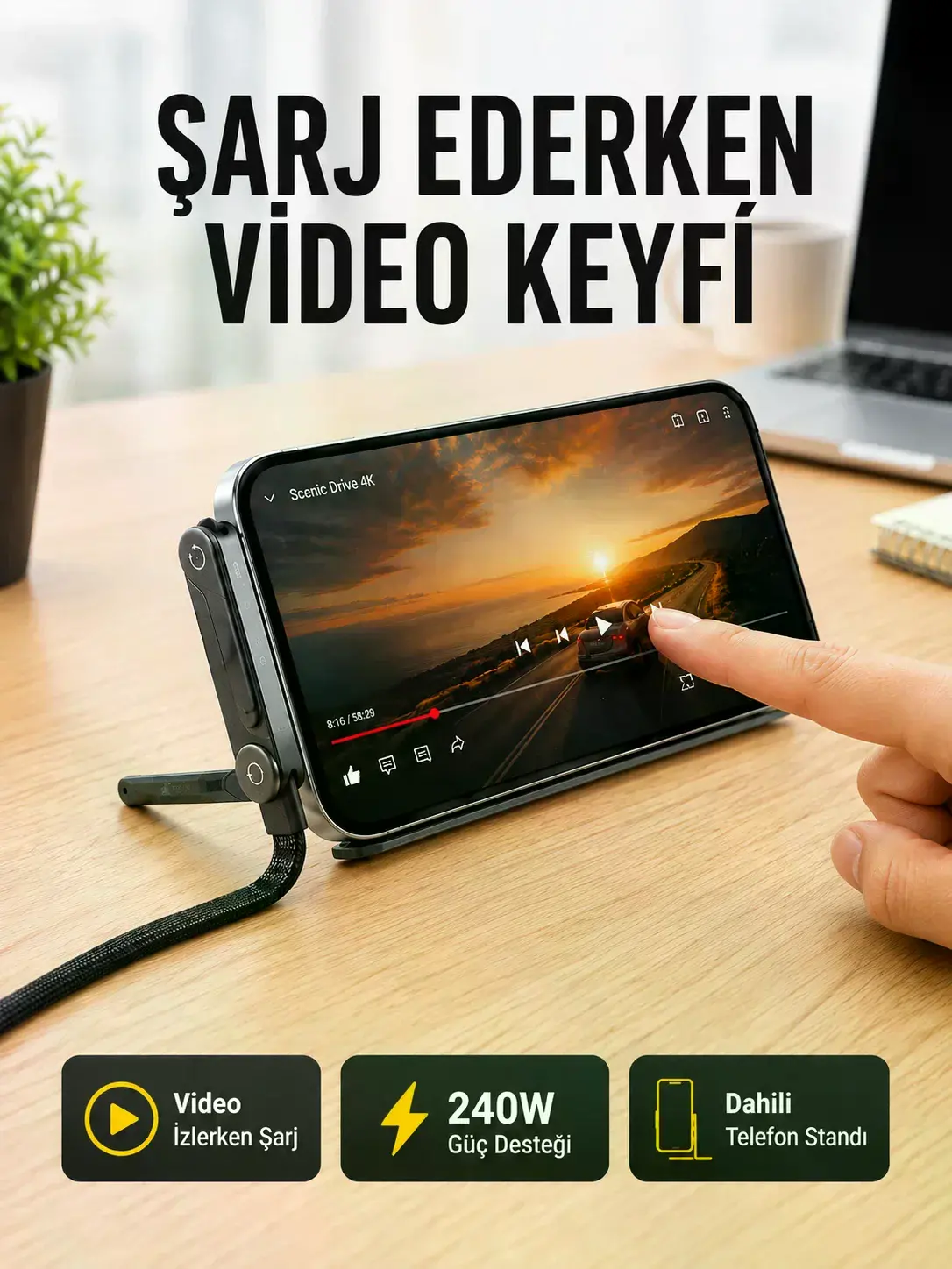 Katlanabilir Telefon Standlı 240W Type-C Hızlı Şarj Kablosu