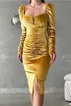 Kadın Kadife Kumaş Kalp Yaka Yırtmaçlı Midi Abiye Elbise-4