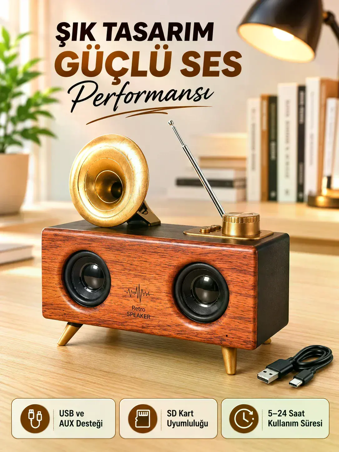 Retro Gramofon Tasarımlı Bluetooth Hoparlör – 3D Stereo Ses, 1800 mAh Batarya