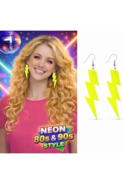 80’ler 90'lar Retro Neon Sarı Şimşek Küpe 10 cm