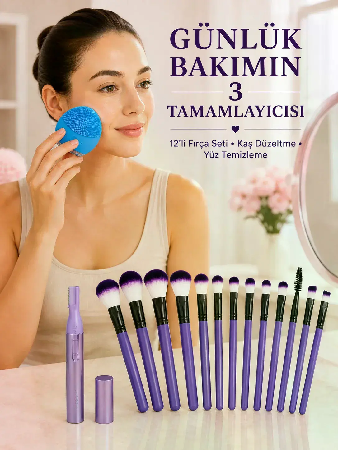 12’li Makyaj Fırça Seti Kaş Düzeltme Cihazı ve Yüz Tezleme Cihazı 3’lü Kadın Güzellik ve Bakım Seti