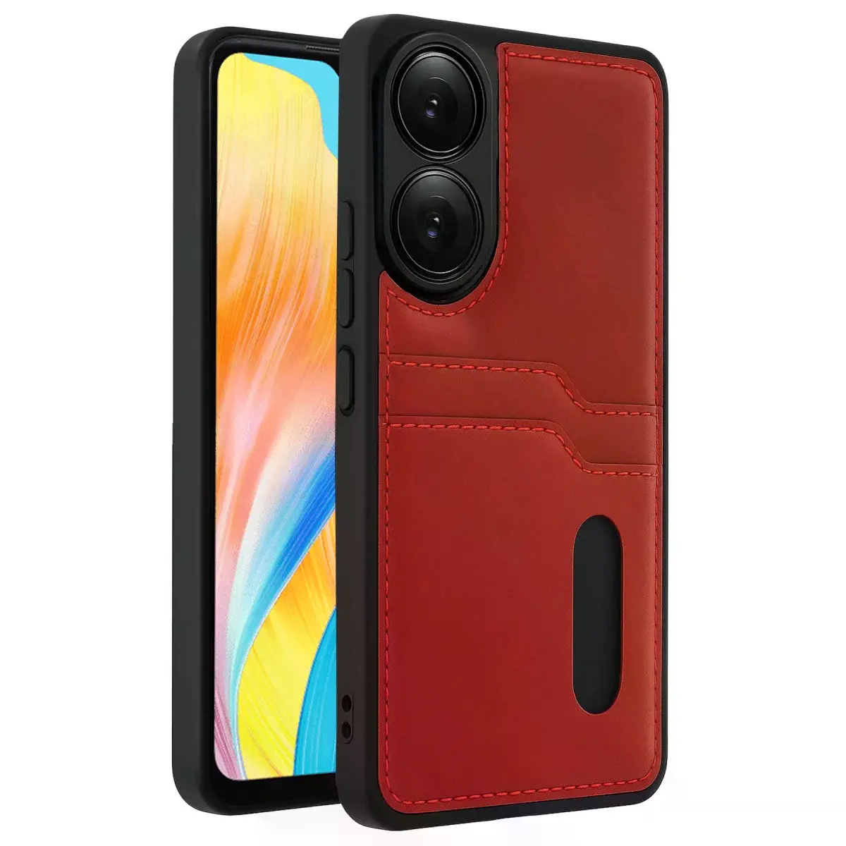 Oppo A38 Sara Kartvizitli Deri Kılıf - Kırmızı