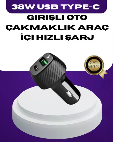 38W Çift Çıkışlı Araç Şarj Cihazı – Type-C ve USB PD Destekli