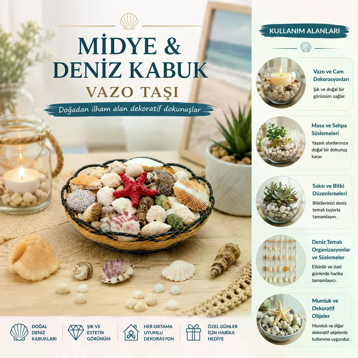 Ahşap Yuvarlak Sepet - Fileli Renkli x dye - Deniz Kabuk Vazo Taşı