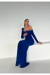 Kadın Vintage Uzun Kol Krep Kumaş Abiye Elbise-6