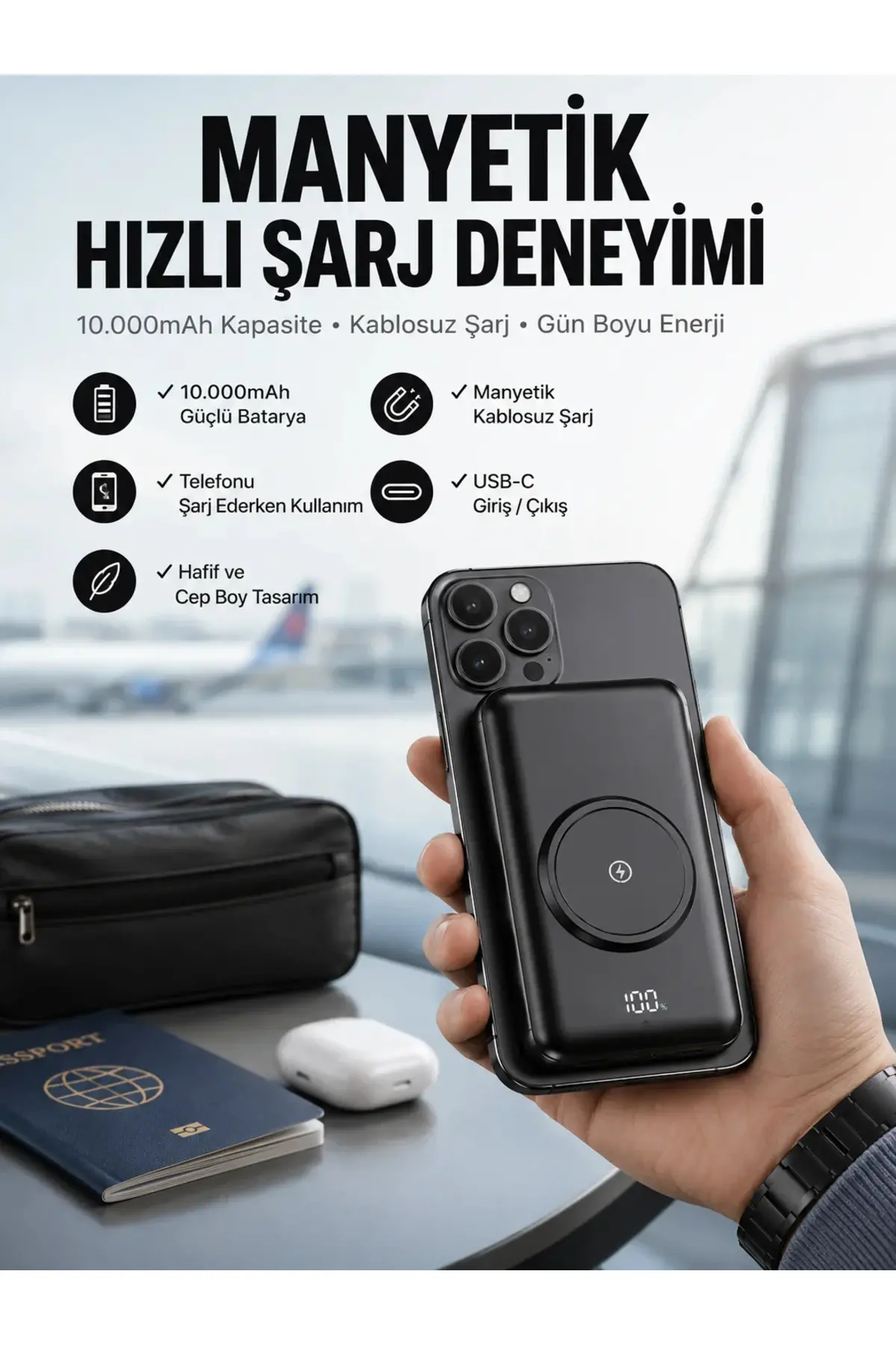 Powerbank Taşınabilir 10.000 Mah Hızlı Şarj Dijital Göstergeli