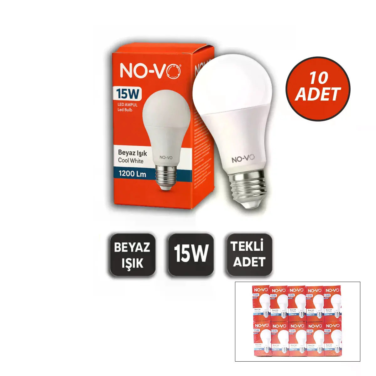 10 Adet 15W Beyaz Led Ampul 1200LM 6500K 15.000 Saat Ömür