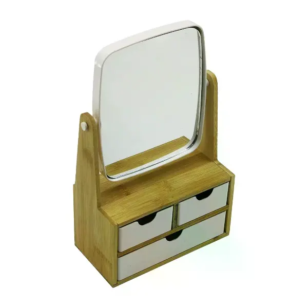 3 Çekmeceli Bambu Ahşap STANDLI=9X9.5X18X21.5CM Makyaj AYNASI=15X18CM Takılık 2+1 Organizer