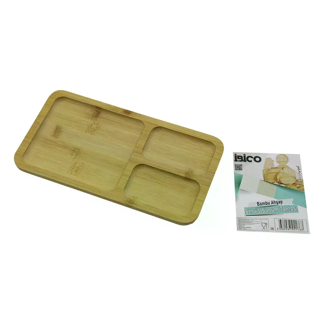 Dikdörtgen 3 BÖLMELİ=2+1 Ahşap Bambu Servis Sunum Tepsi - Tahtası 24.8 X 13.8 X 1.4CM