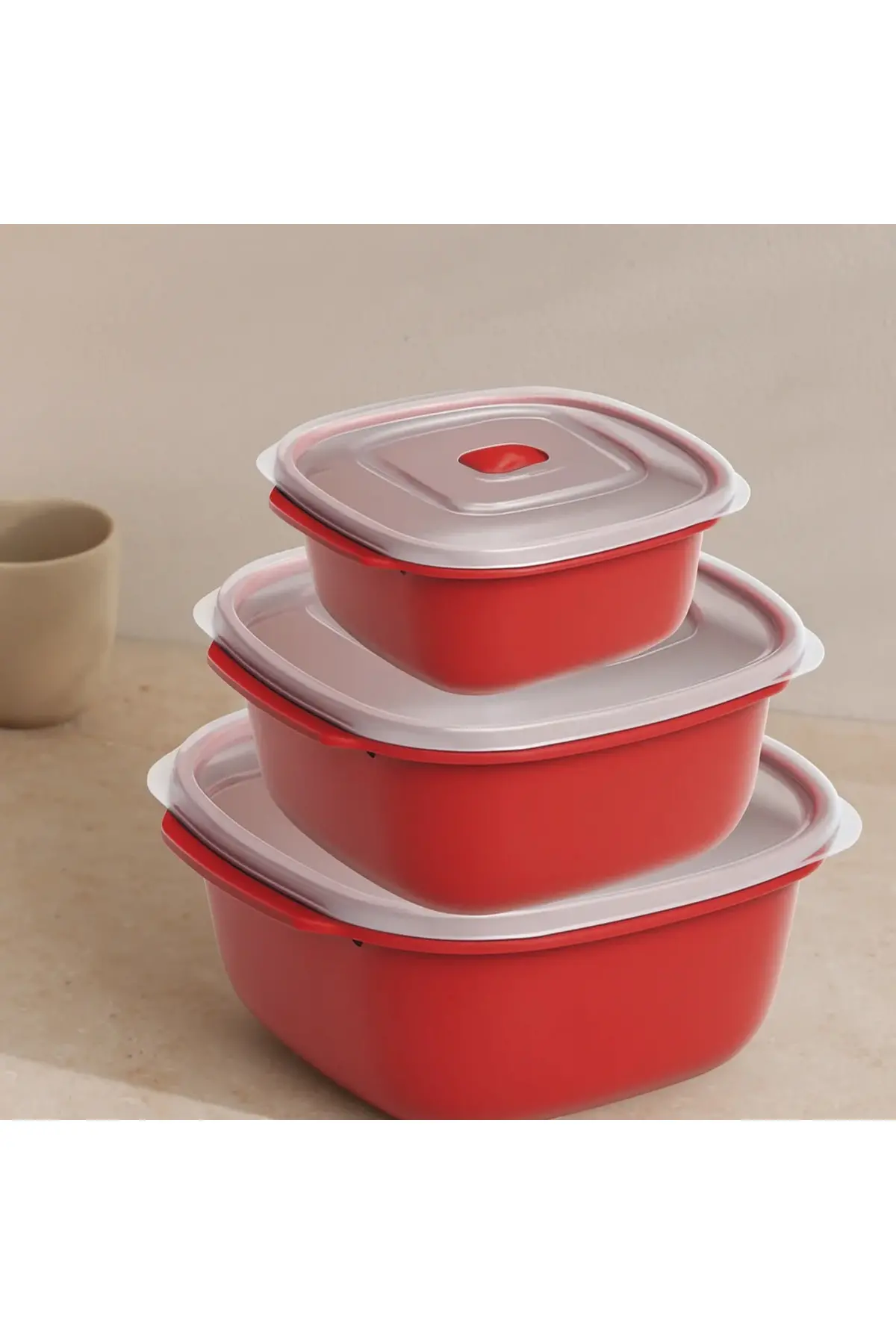 Kırmızı Kare Saklama Kabı Seti 3'lü (550/1100/2200 ml)