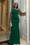Kadın Trend Asimetrik Yaka Taş Detaylı Maxi Abiye Elbise-8