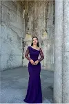 Kadın Trend Asimetrik Yaka Taş Detaylı Maxi Abiye Elbise-1
