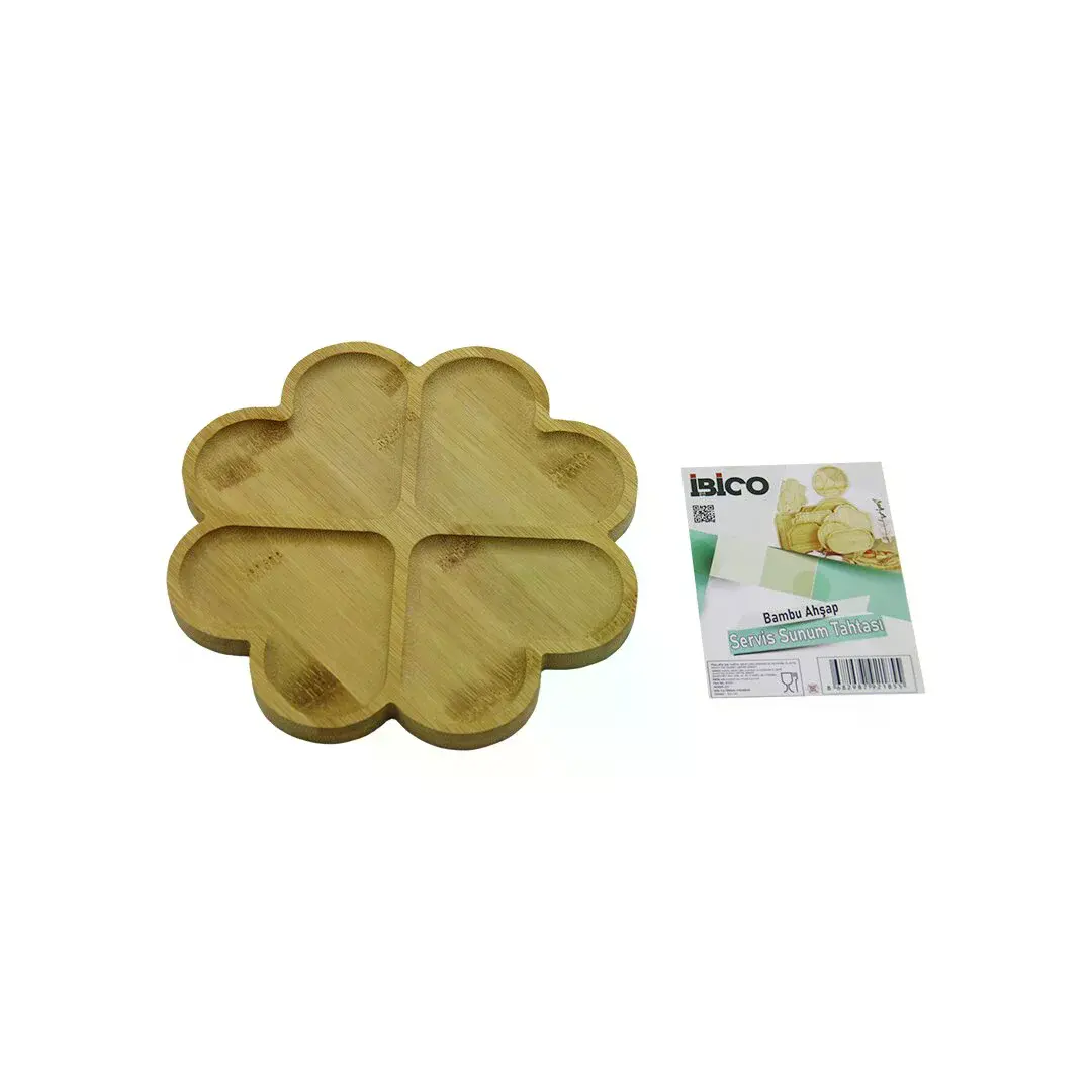 Yuvarlak 4 Kalp Bölmeli Ahşap Bambu Servis Sunum Tepsi - Tahtası 21 X 1.4CM