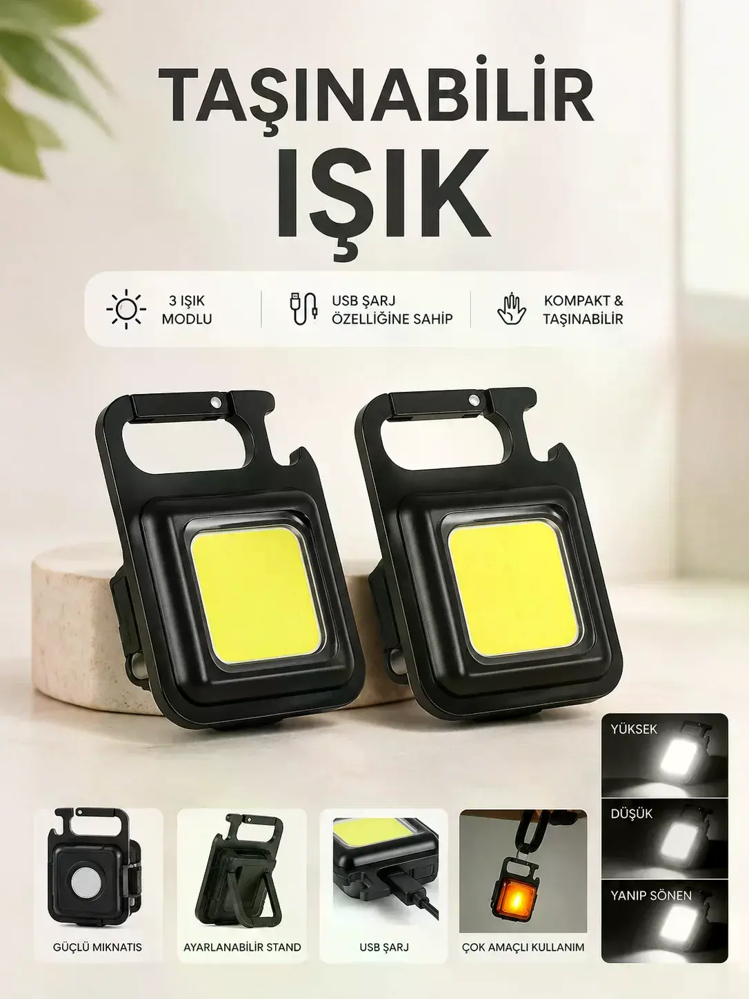 Taşınabilir Işık 3 Işık Modlu Usb Şarj Özeeliğine Sahip