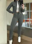 Kadın Uzun Kollu önden Fermuarlı Kısa Modal Ceket Ve Pantolon Ikili Takım-1