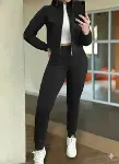 Kadın Uzun Kollu önden Fermuarlı Kısa Modal Ceket Ve Pantolon Ikili Takım-1