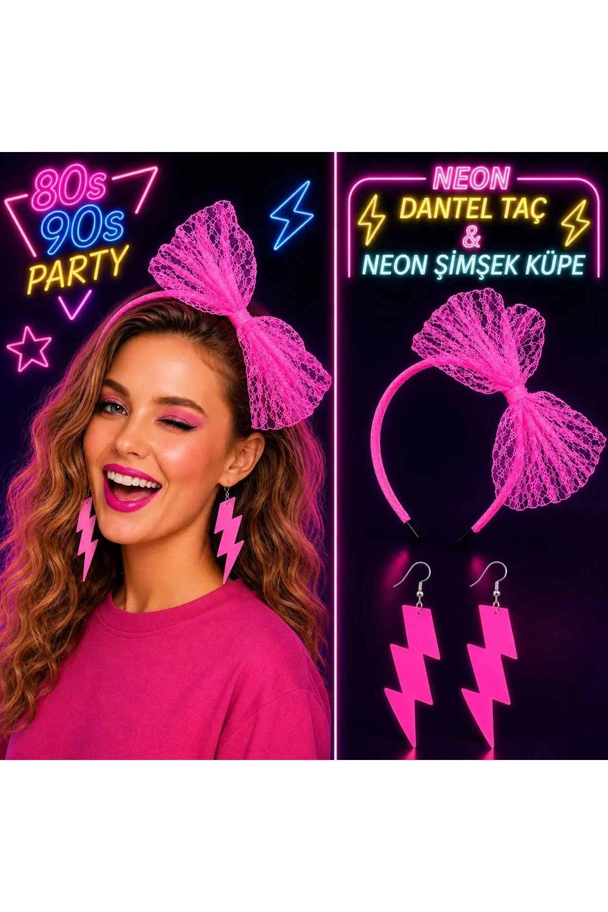Neon Pembe Dantel Taç Ve Şimşek Küpe 8039ler 9039lar Parti Seti