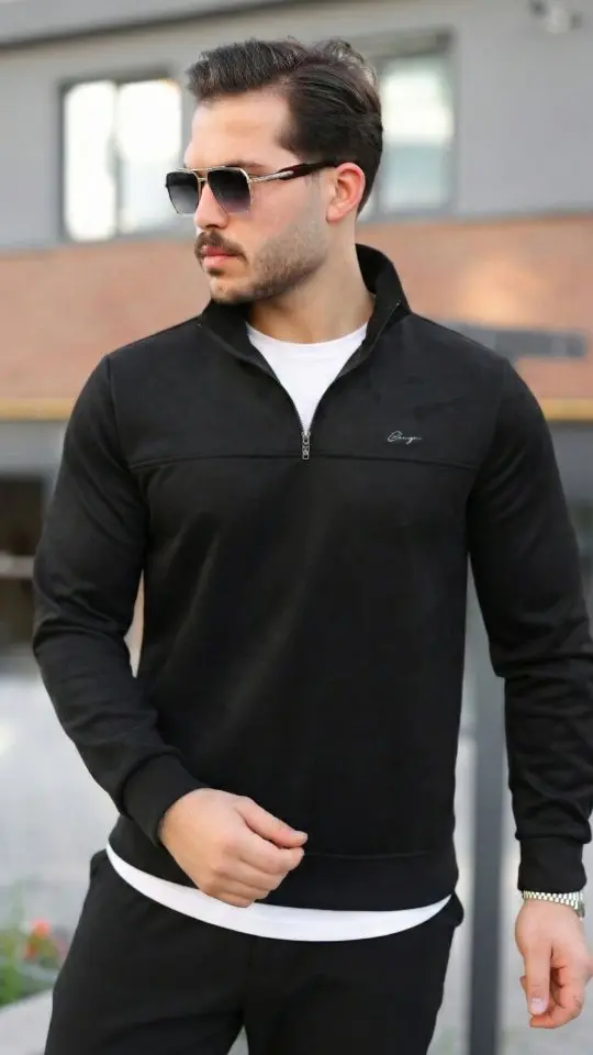 Erkek Süet Yarım Fermuar Dik Yaka Sweat-1 Erkek Süet Yarım Fermuar Dik Yaka Sweat-1