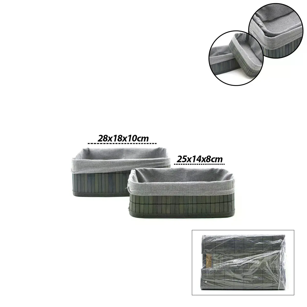Gri 2 Boy D.dörtgen Bambu Kenar Organizer Sepet Ahşap Altlık - Bezli 25X14-28X18CM