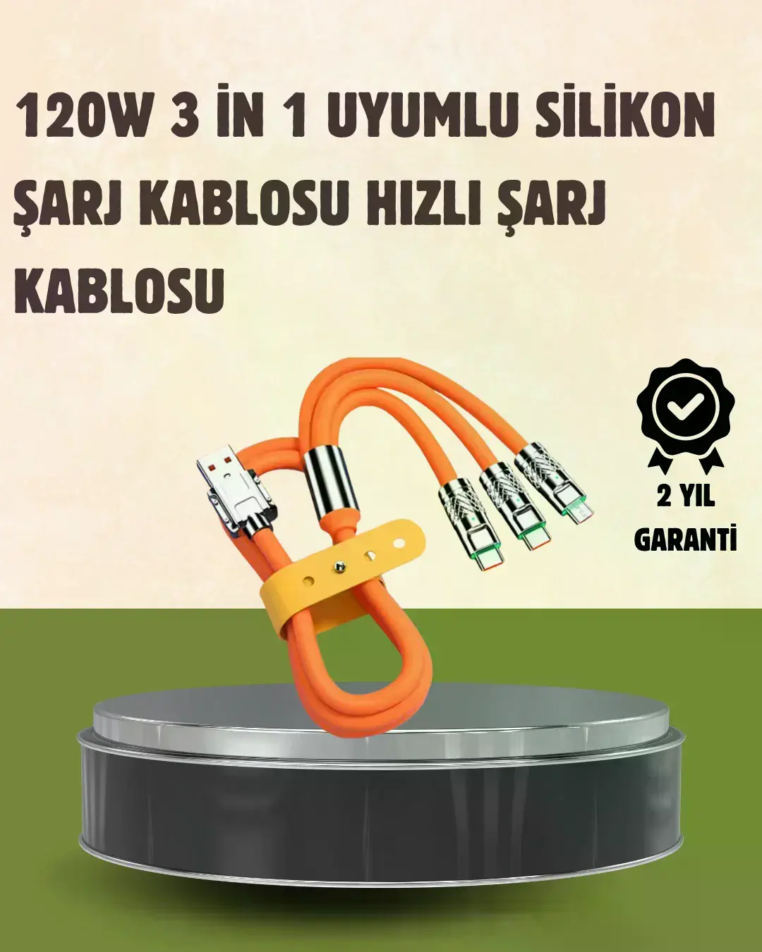 120 W Şarj ve Veri Aktarımı Kablo– 3 Başlıklı Çok Amaçlı Kablo Yüksek Hızlı