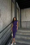 Kadın Krep Kumaş Dik Yaka Midi Abiye Elbise-2