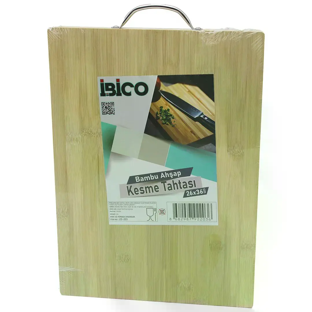 26X36 X 1.7CM Lux Ahşap Bambu Kesim Panosu - Kesme Tahtası Metal Kulplu