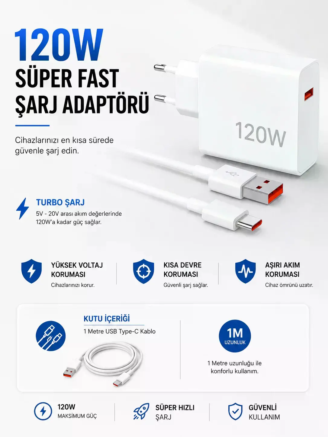 Turbo 120W Hızlı Şarj Cihazı Type-C Kablolu