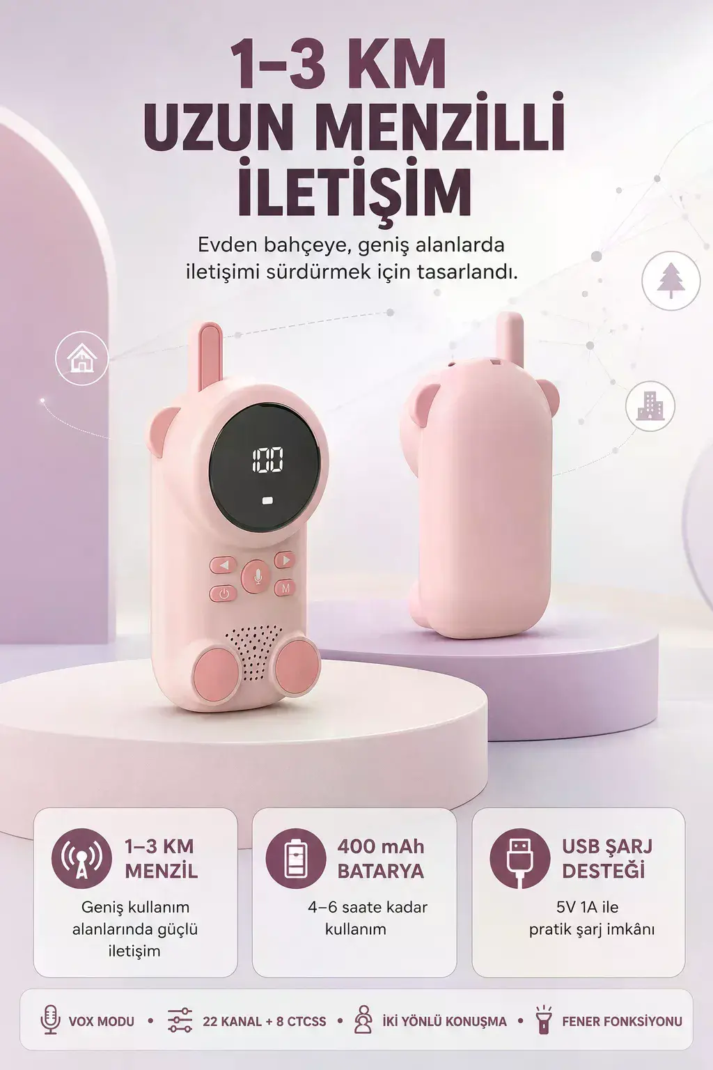 Bebek Telsizi LCD Ekran VOX İki Yönlü İletişim USB Şarj Hafif