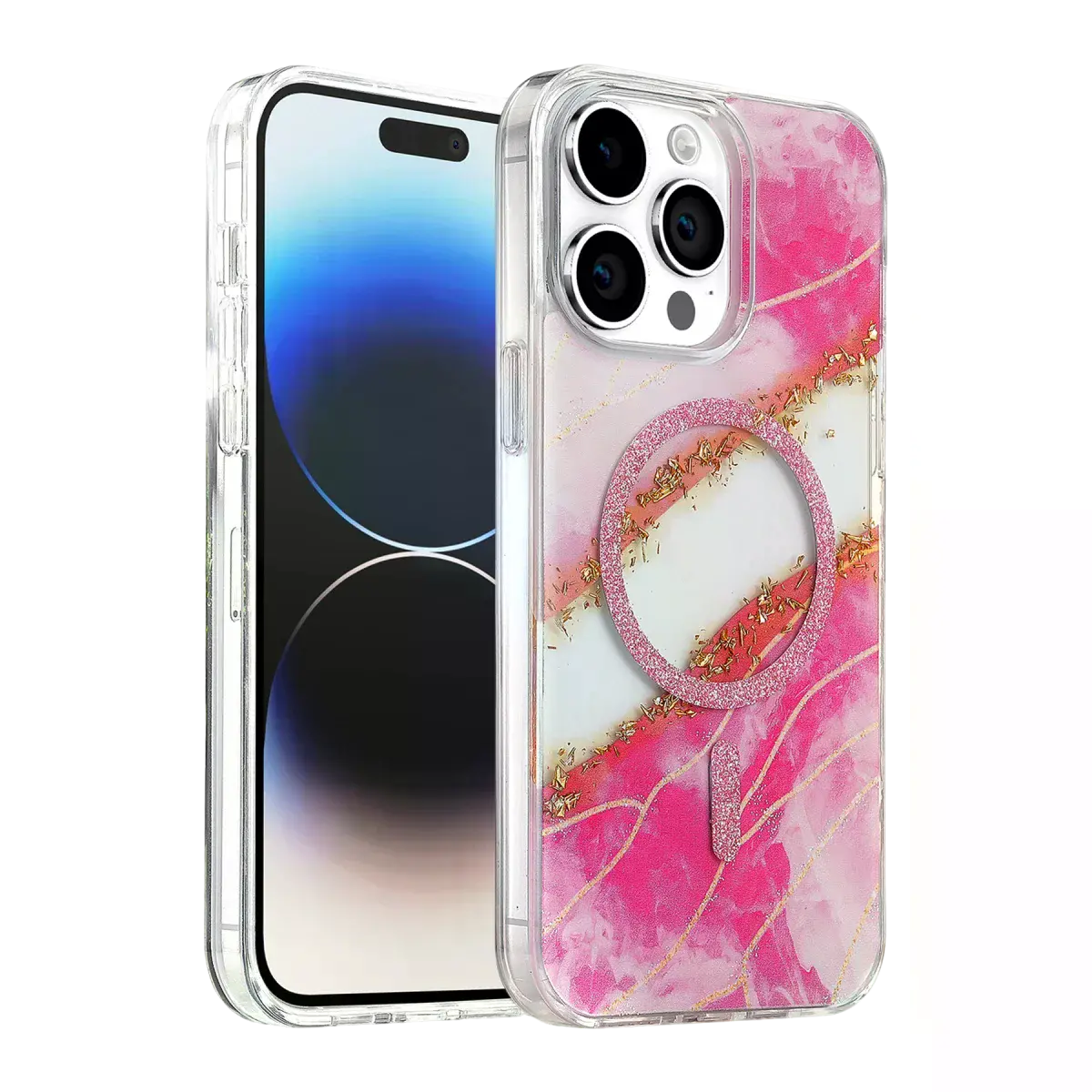 Onegif Apple İphone 14 Pro Max Lotus Simli Magsafe Kapak - Pembe