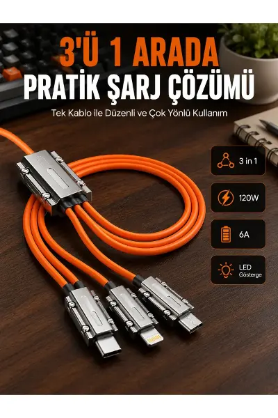 Yüksek Güç Aktarımı Sunan 6A Destekli Çoklu Bağlantı Şarj ve Veri Kablosu