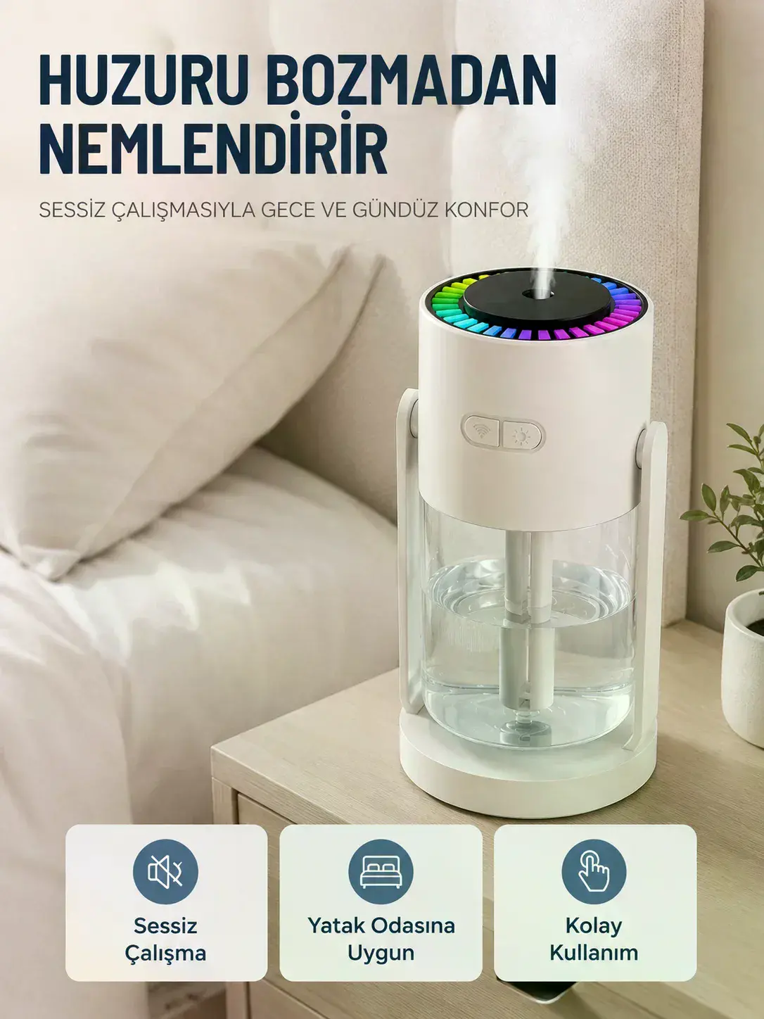 Taşınabilir Hava Nemlendirici LED Işıklı Şeffaf Hazneli Ev Ofis Yatak Odası Nemlendirme Cihazı