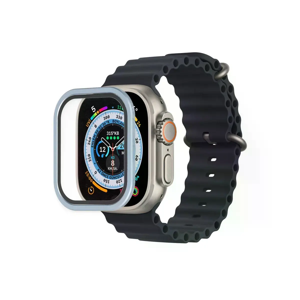 Apple Watch Ultra 49mm Alünyum Kasa Cam Ekran Koruyucu - Mavi