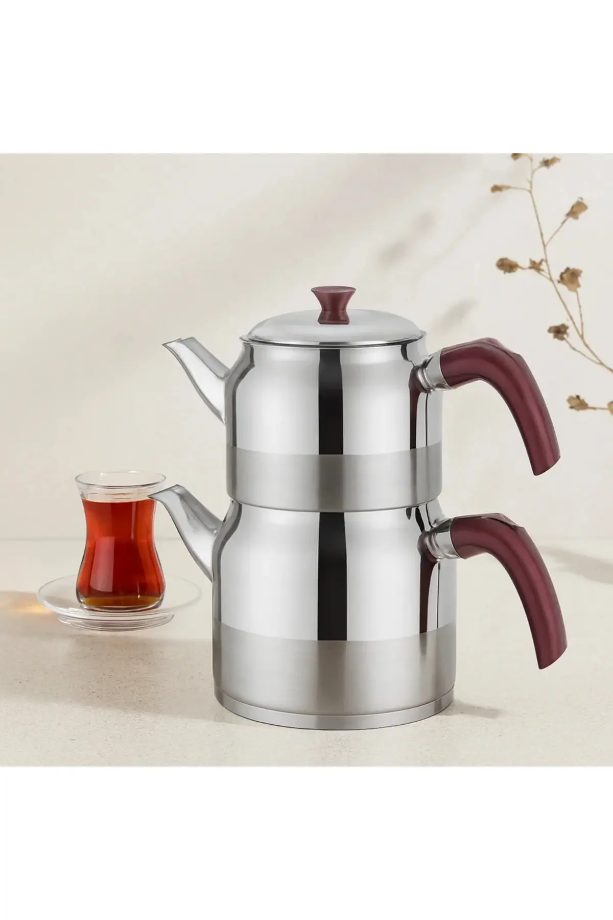 Çelik Çaydanlık Seti Aile Boy 1.5L + 3L Kendinden Süzgeçli