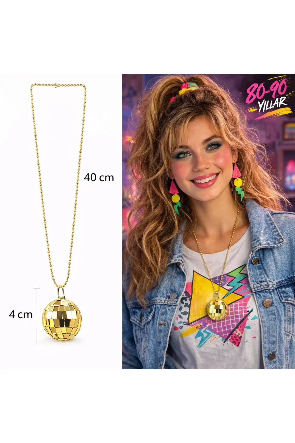 Retro Disko Topu Şekilli 80'ler 90'lar Altın Renk Plastik Kolye