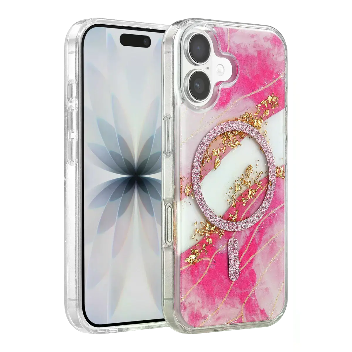 Onegif Apple İphone 16 Lotus Simli Magsafe Kapak - Pembe