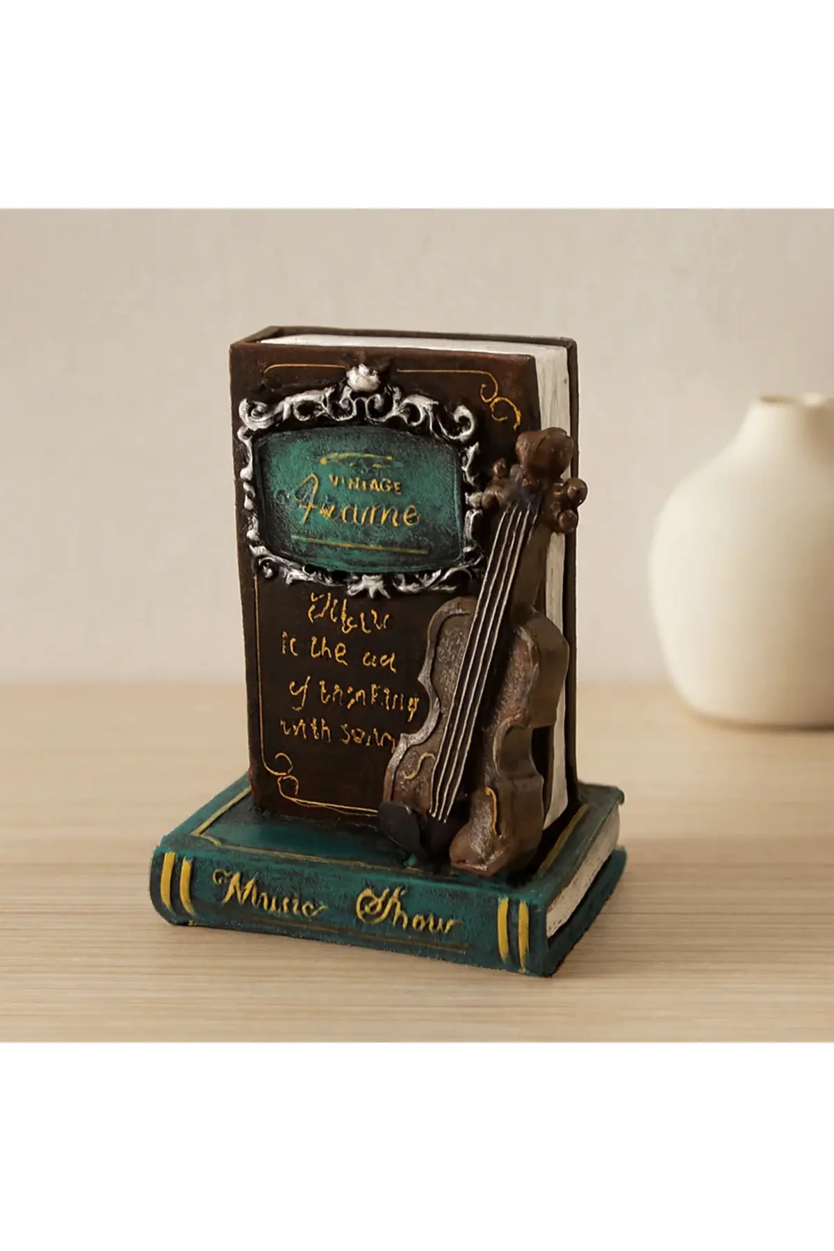 Vintage Gitar ve Kitap Figürlü Dekoratif Biblo Kumbara 21x14x10 cm