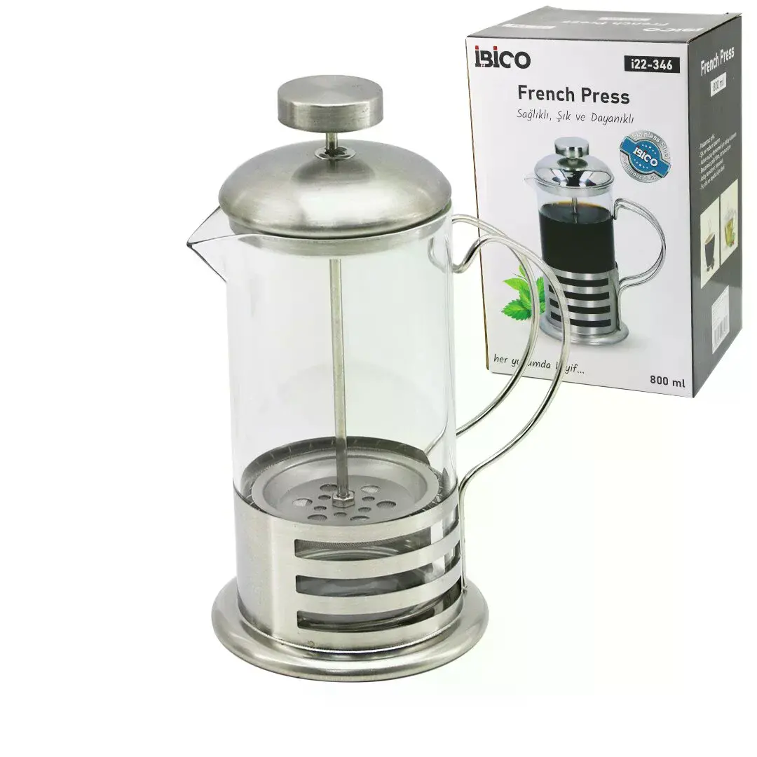 French Press Metal Kafes - Metal Kapak 800ML Cam Bitki Süzgeçi