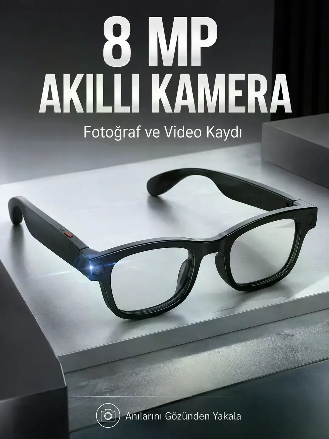 Siyah Bluetooth Akıllı Kamera Gözlüğü 8 MP Kameralı AI Çeviri Wi-Fi Fotoğraf Video Müzik Arama ve Do